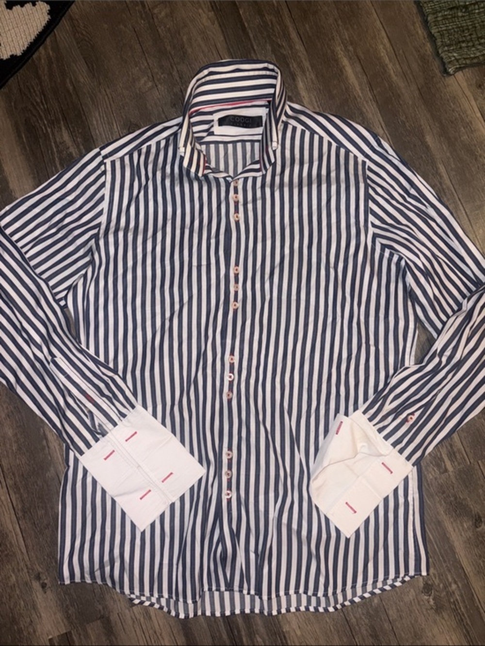Coogi Classic Men's Dress Shirt Blue White Stripes Red Accents large 16 /32/33